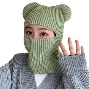 Women's Light Green Winter Hat Warm Hooded Scarf Hat Balaclava Knit Skull Beanie